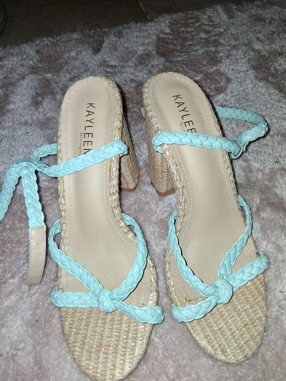 KAYLEEEN By Los Angeles Braided Light Aqua Espadrille Block Heels